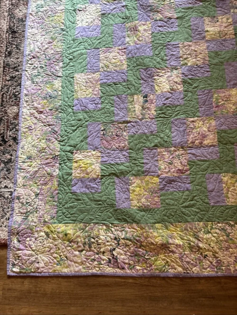 Homemade Modern King Quilt Green & Purple Size 100 X 92 Nine Patch